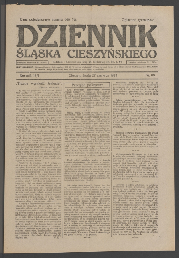 Dziennik Śląska Cieszyńskiego. Rocznik&nbsp;18/1, 1923, numer&nbsp;88