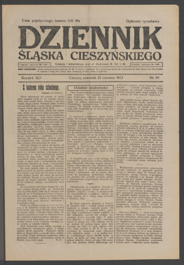 Dziennik Śląska Cieszyńskiego. Rocznik&nbsp;18/1, 1923, numer&nbsp;89