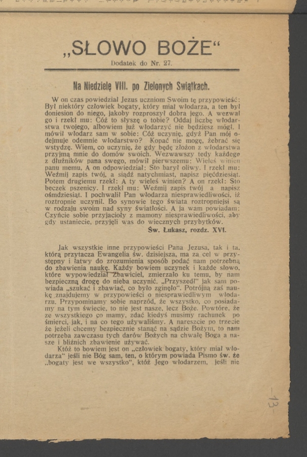 Słowo Boże&nbsp;: dodatek do&nbsp;numeru&nbsp;27 &bdquo;Wieńca-Pszcz&oacute;łki&rdquo;. Rok&nbsp;40, 1915