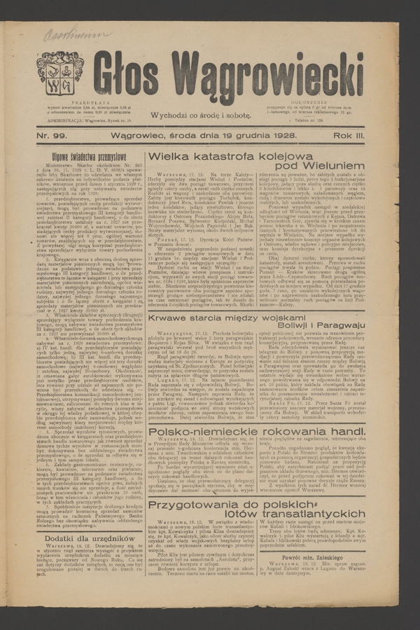 Głos Wągrowiecki. Rok&nbsp;3, 1928, numer&nbsp;99