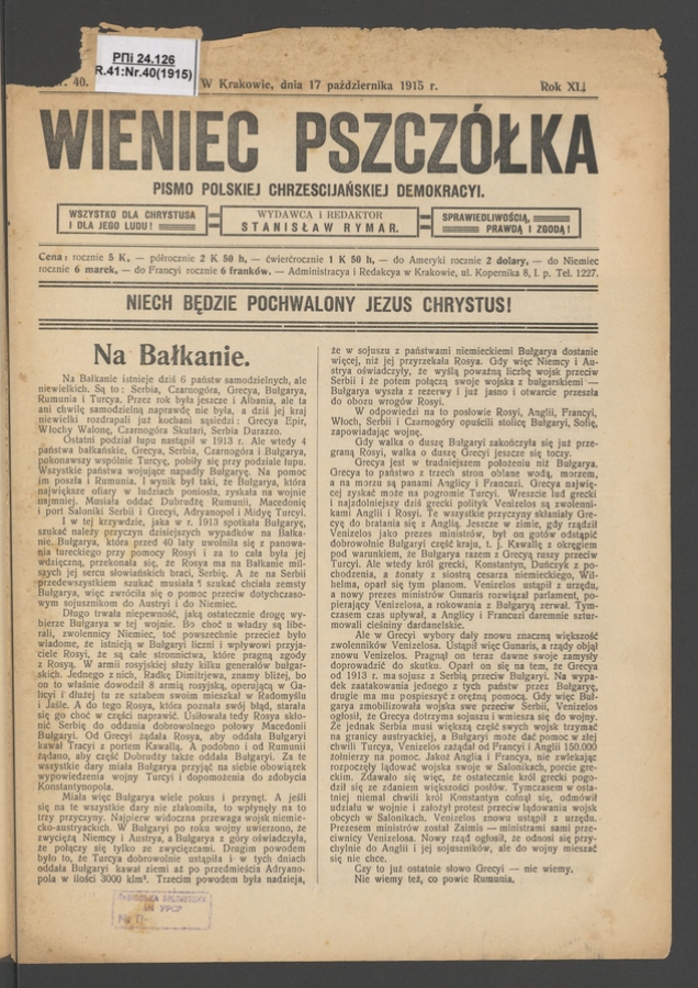 Wieniec-Pszcz&oacute;łka&nbsp;: pismo polskiej chrześcijańskiej demokracyi. Rok&nbsp;40, 1915, numer&nbsp;40