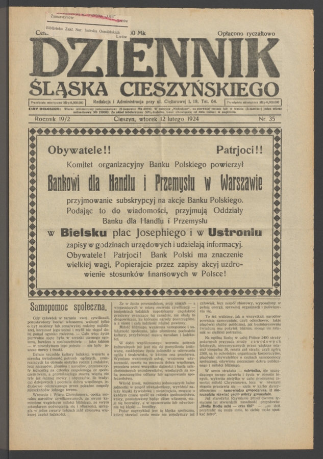 Dziennik Śląska Cieszyńskiego. Rocznik&nbsp;19/2, 1924, numer&nbsp;35