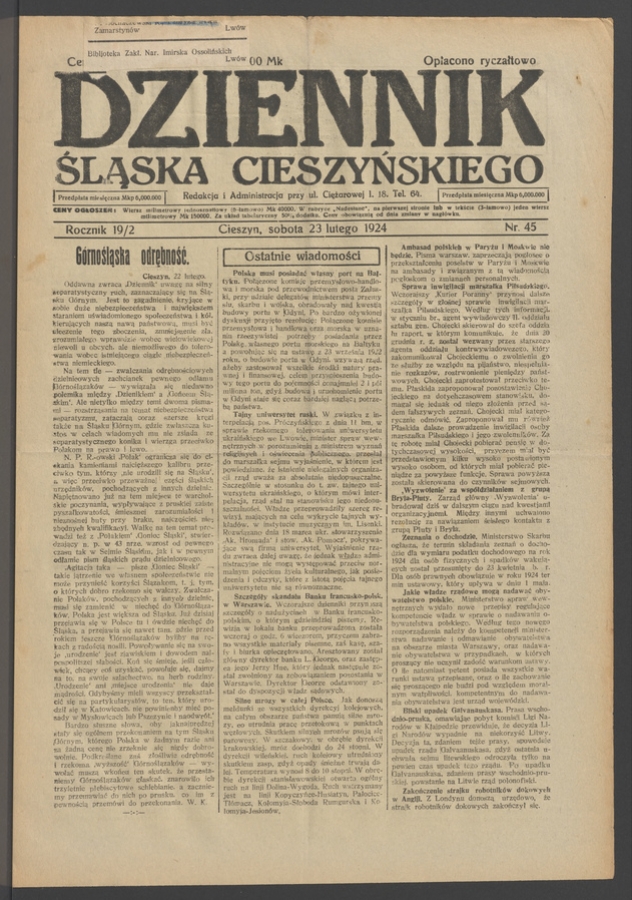 Dziennik Śląska Cieszyńskiego. Rocznik&nbsp;19/2, 1924, numer&nbsp;45