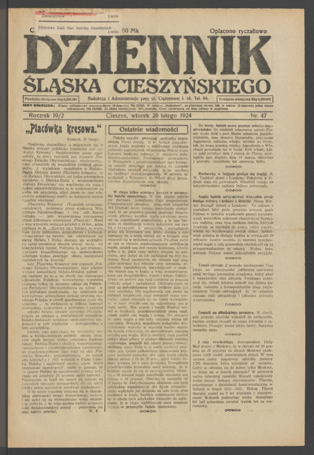 Dziennik Śląska Cieszyńskiego. Rocznik&nbsp;19/2, 1924, numer&nbsp;47