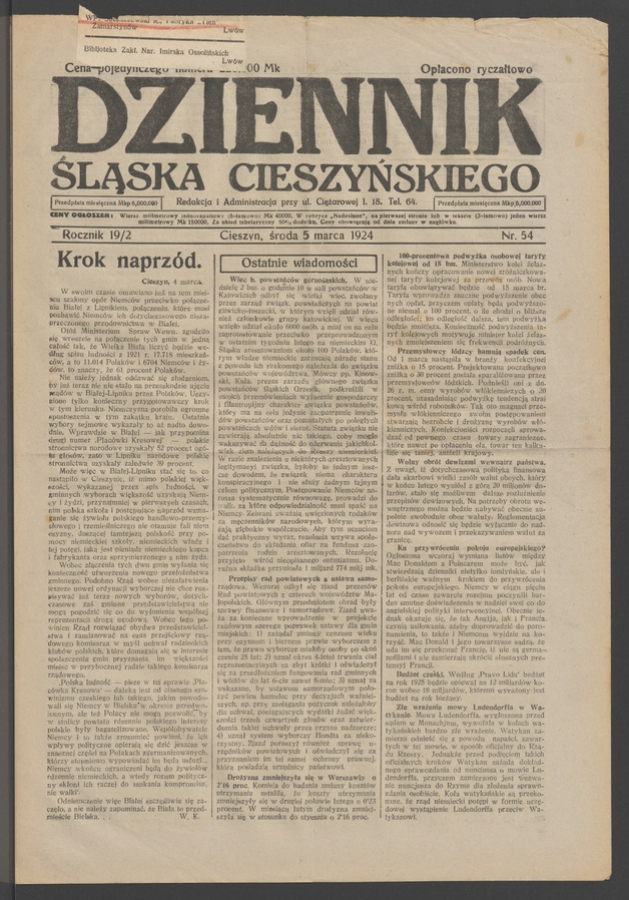 Dziennik Śląska Cieszyńskiego. Rocznik&nbsp;19/2, 1924, numer&nbsp;54