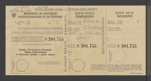 Sp&oacute;łka Wydawnicza Dziennika&nbsp;Śląska Cieszyńskiego. Blankiet wpłaty za&nbsp;marzec 1924