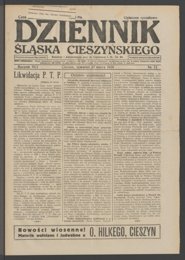Dziennik Śląska Cieszyńskiego. Rocznik&nbsp;19/2, 1924, numer&nbsp;72