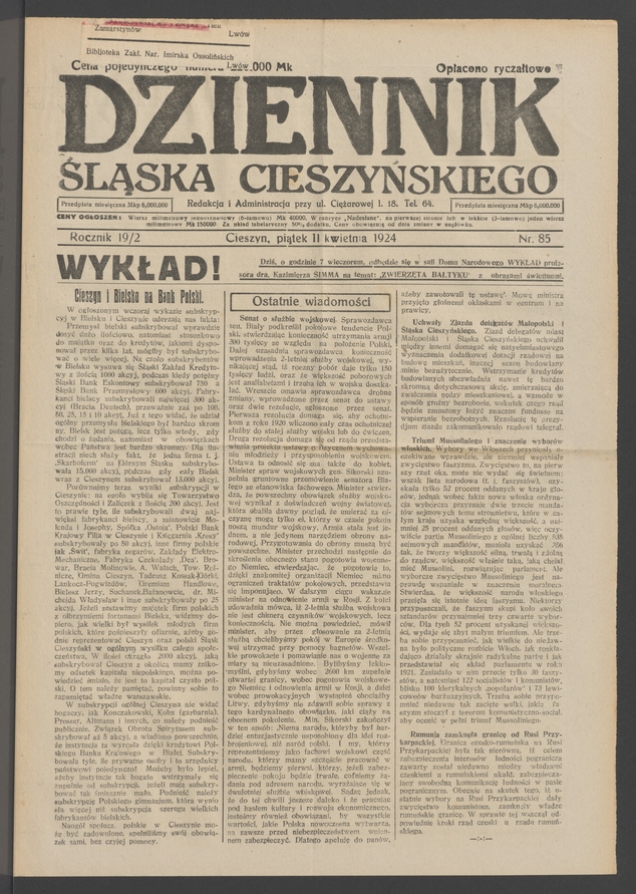 Dziennik Śląska Cieszyńskiego. Rocznik&nbsp;19/2, 1924, numer&nbsp;85