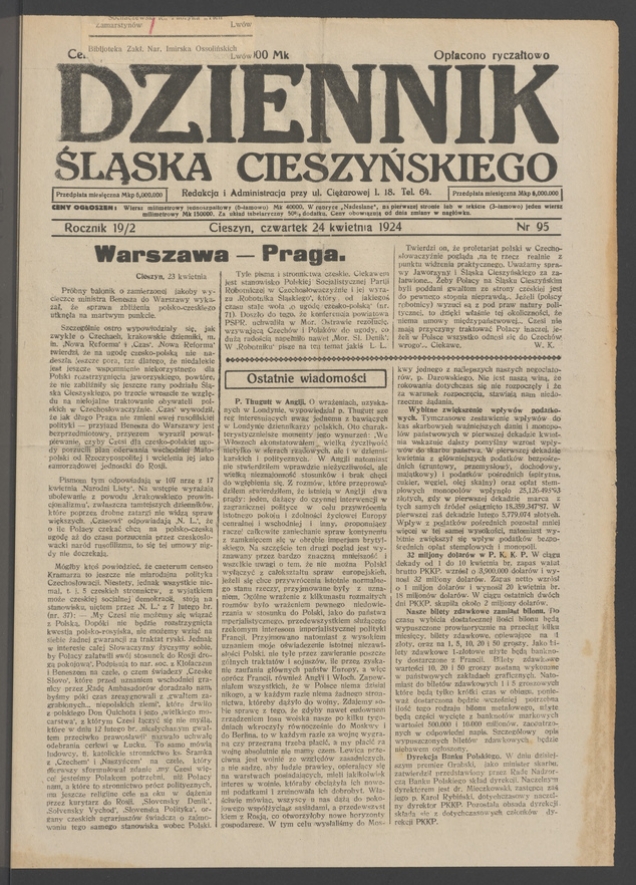 Dziennik Śląska Cieszyńskiego. Rocznik&nbsp;19/2, 1924, numer&nbsp;95