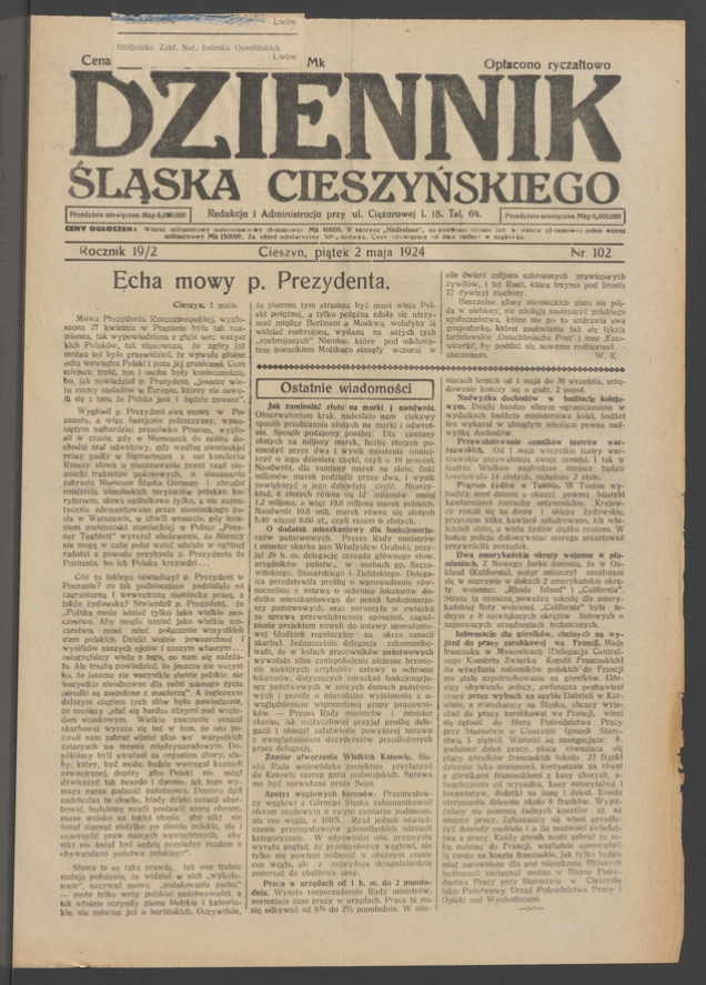 Dziennik Śląska Cieszyńskiego. Rocznik&nbsp;19/2, 1924, numer&nbsp;102