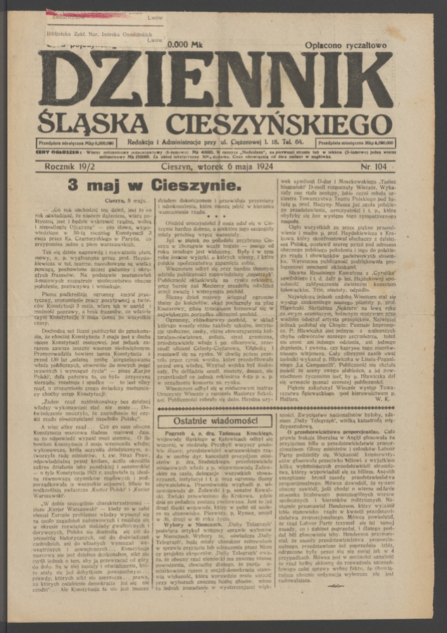 Dziennik Śląska Cieszyńskiego. Rocznik&nbsp;19/2, 1924, numer&nbsp;104
