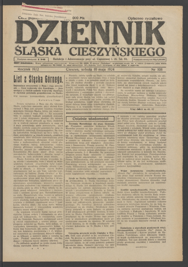 Dziennik Śląska Cieszyńskiego. Rocznik&nbsp;19/2, 1924, numer&nbsp;108