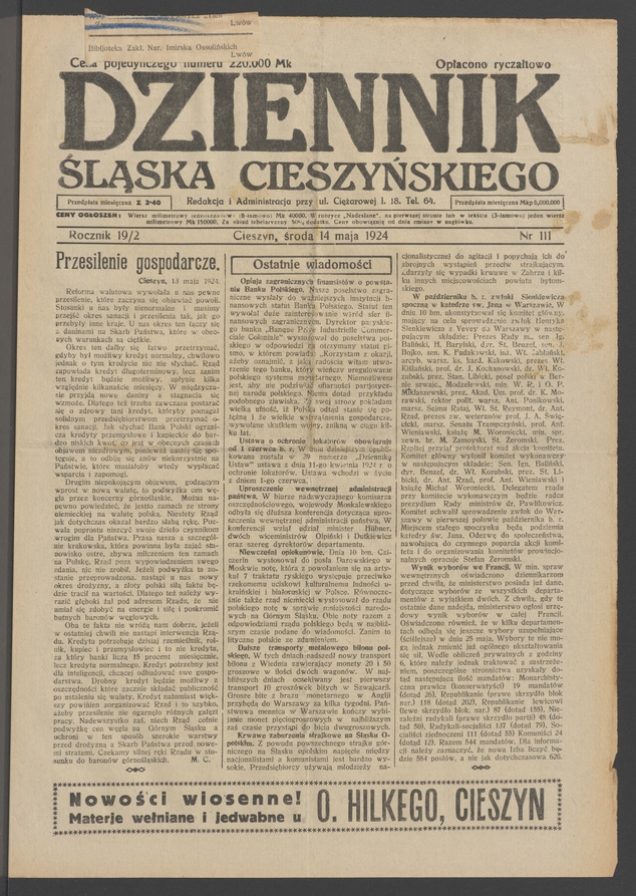 Dziennik Śląska Cieszyńskiego. Rocznik&nbsp;19/2, 1924, numer&nbsp;111