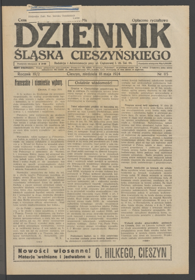 Dziennik Śląska Cieszyńskiego. Rocznik&nbsp;19/2, 1924, numer&nbsp;115