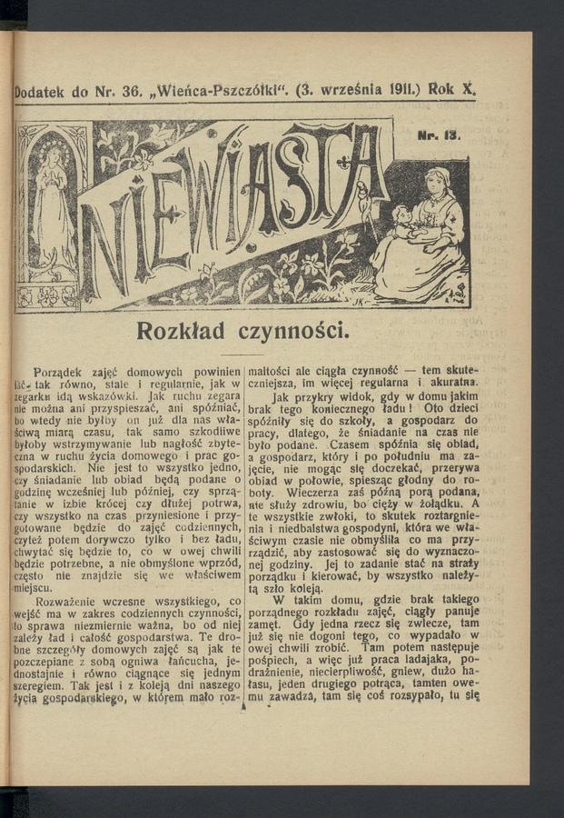 Niewiasta : dodatek do numeru&nbsp;36&nbsp;&bdquo;Wieńca-Pszcz&oacute;łki&rdquo;. Rok&nbsp;11, 1911, numer&nbsp;13