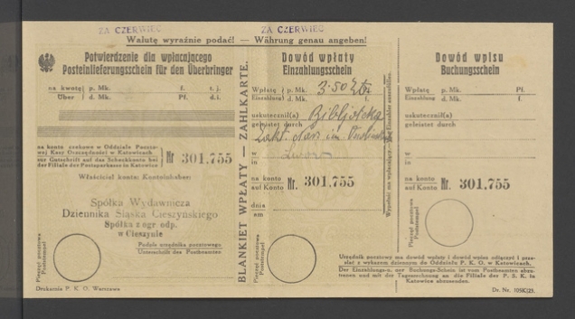 Sp&oacute;łka Wydawnicza Dziennika&nbsp;Śląska Cieszyńskiego. Blankiet wpłaty za&nbsp;czerwiec 1924