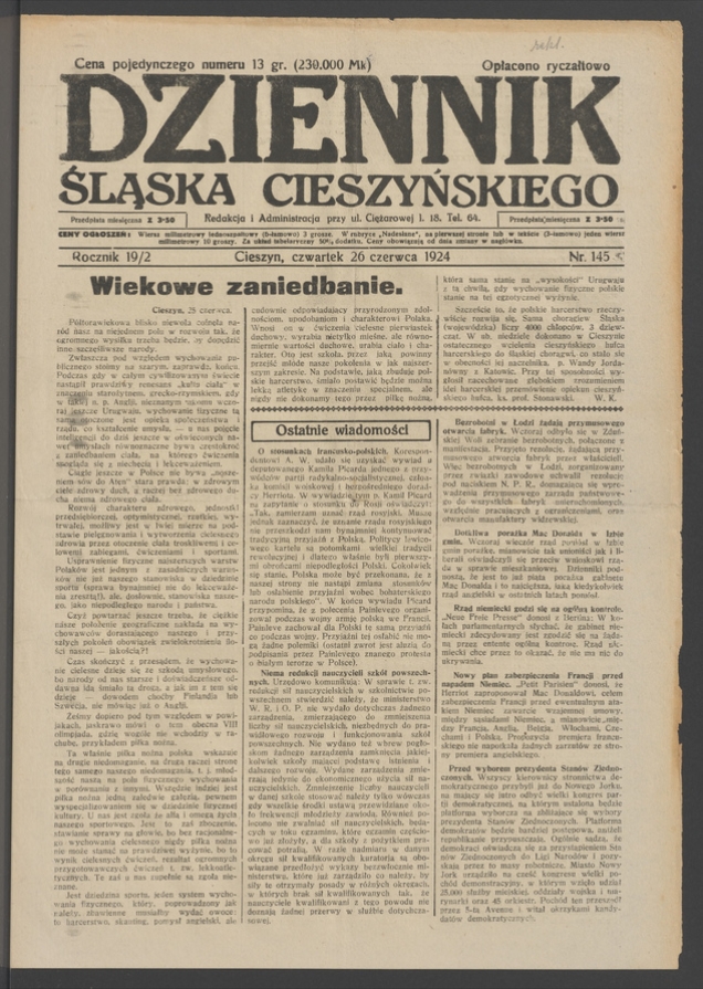 Dziennik Śląska Cieszyńskiego. Rocznik&nbsp;19/2, 1924, numer&nbsp;145