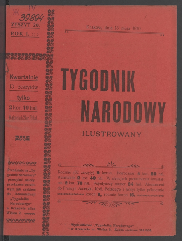 Tygodnik Narodowy Ilustrowany. Rok&nbsp;1, 1910, numer&nbsp;20
