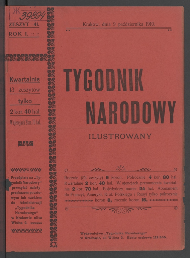 Tygodnik Narodowy Ilustrowany. Rok&nbsp;1, 1910, numer&nbsp;41