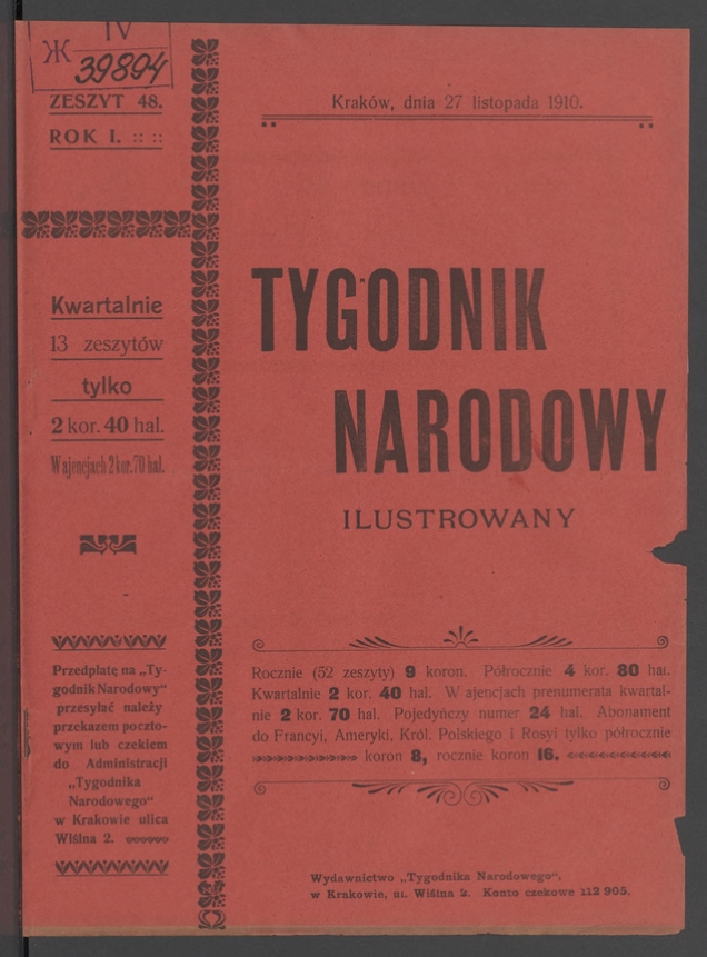 Tygodnik Narodowy Ilustrowany. Rok&nbsp;1, 1910, numer&nbsp;48