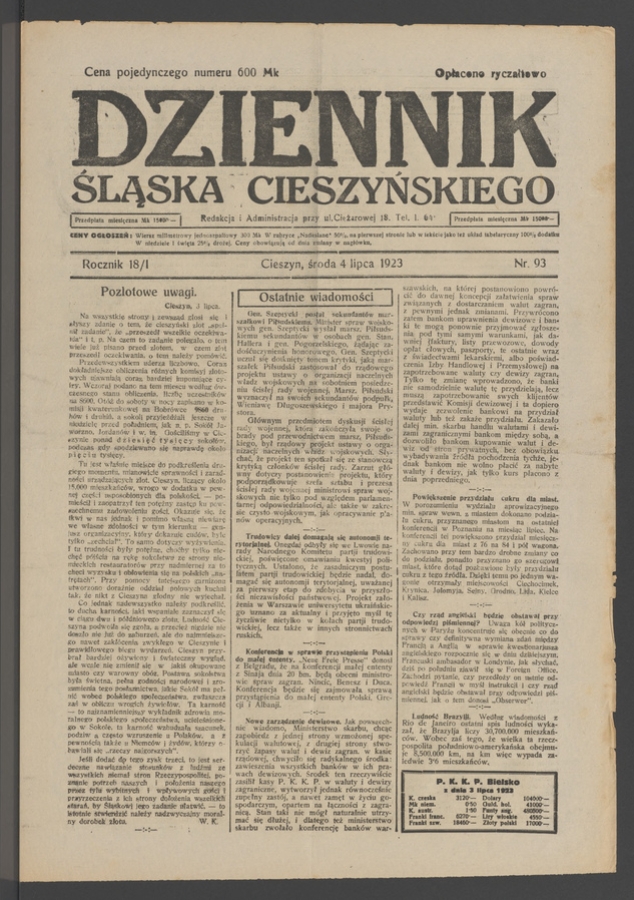 Dziennik Śląska Cieszyńskiego. Rocznik&nbsp;18/1, 1923, numer&nbsp;93
