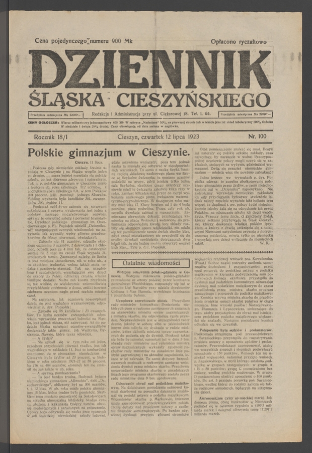 Dziennik Śląska Cieszyńskiego. Rocznik&nbsp;18/1, 1923, numer&nbsp;100