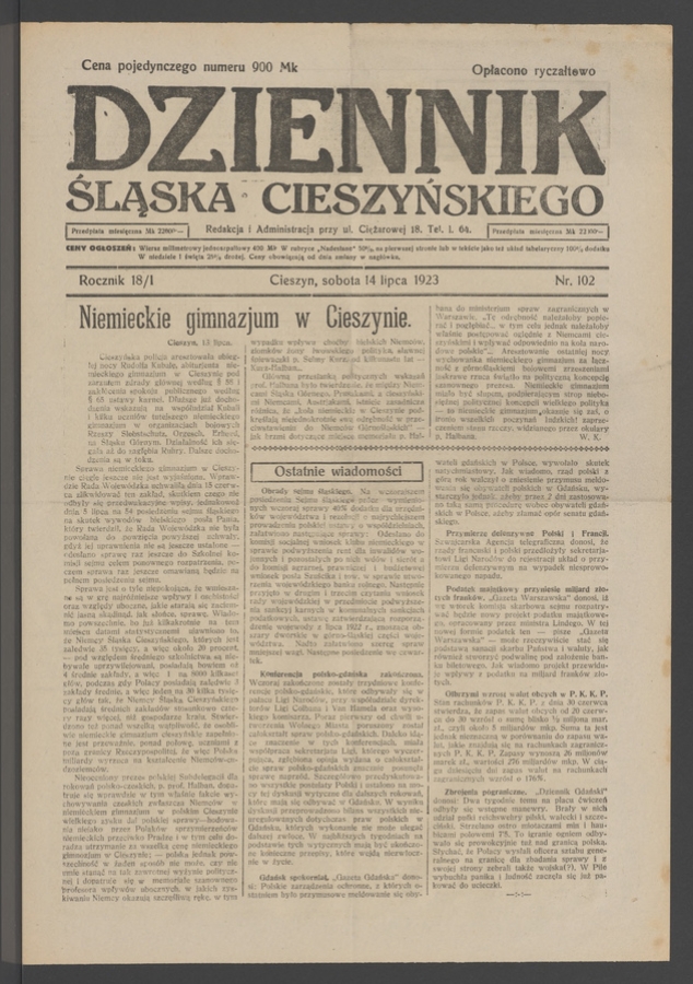 Dziennik Śląska Cieszyńskiego. Rocznik&nbsp;18/1, 1923, numer&nbsp;102