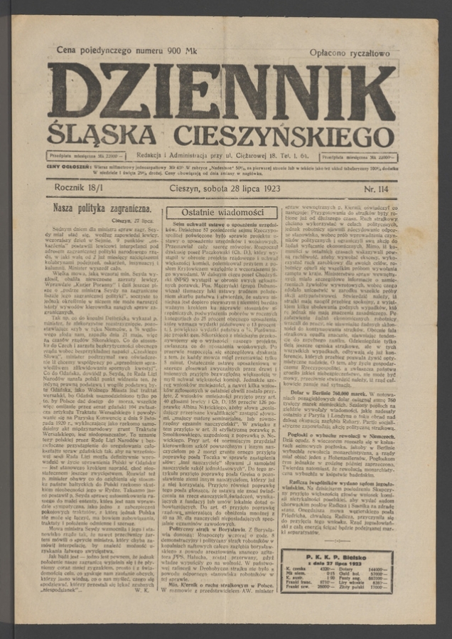 Dziennik Śląska Cieszyńskiego. Rocznik&nbsp;18/1, 1923, numer&nbsp;114