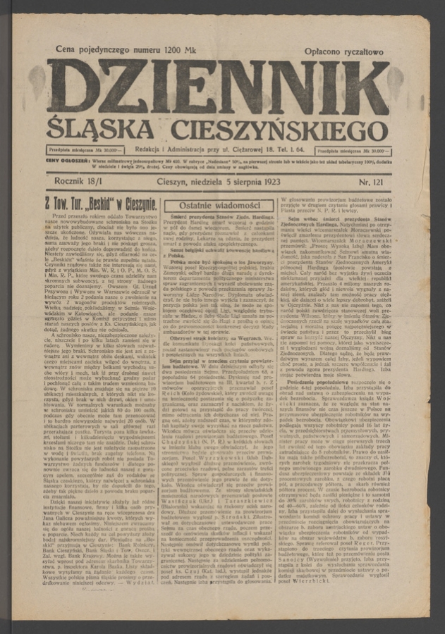 Dziennik Śląska Cieszyńskiego. Rocznik&nbsp;18/1, 1923, numer&nbsp;121