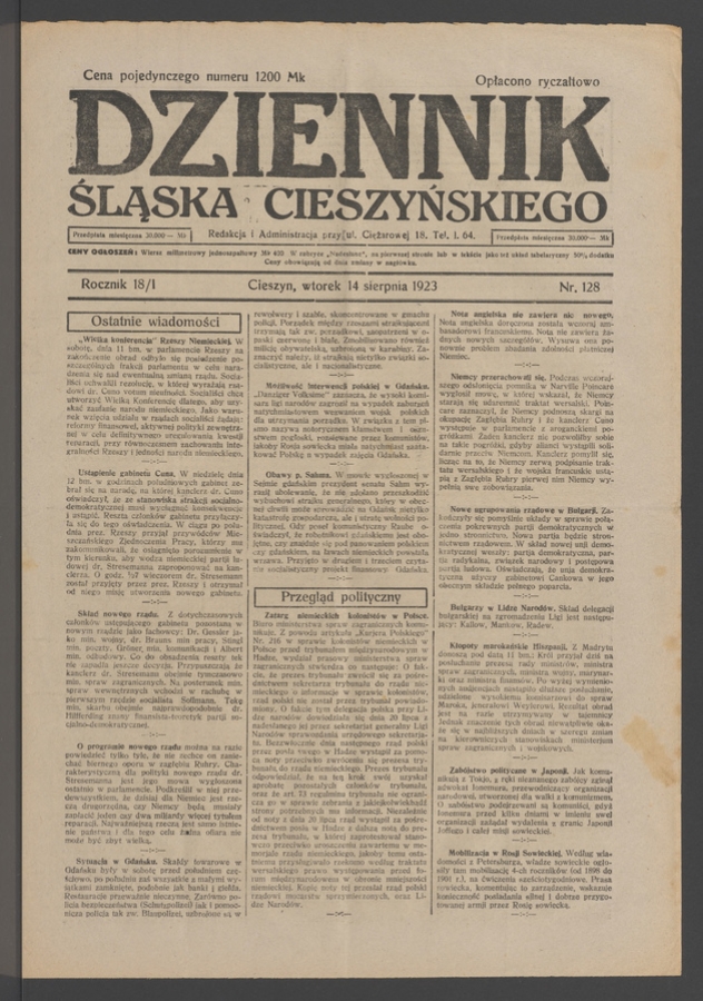 Dziennik Śląska Cieszyńskiego. Rocznik&nbsp;18/1, 1923, numer&nbsp;128