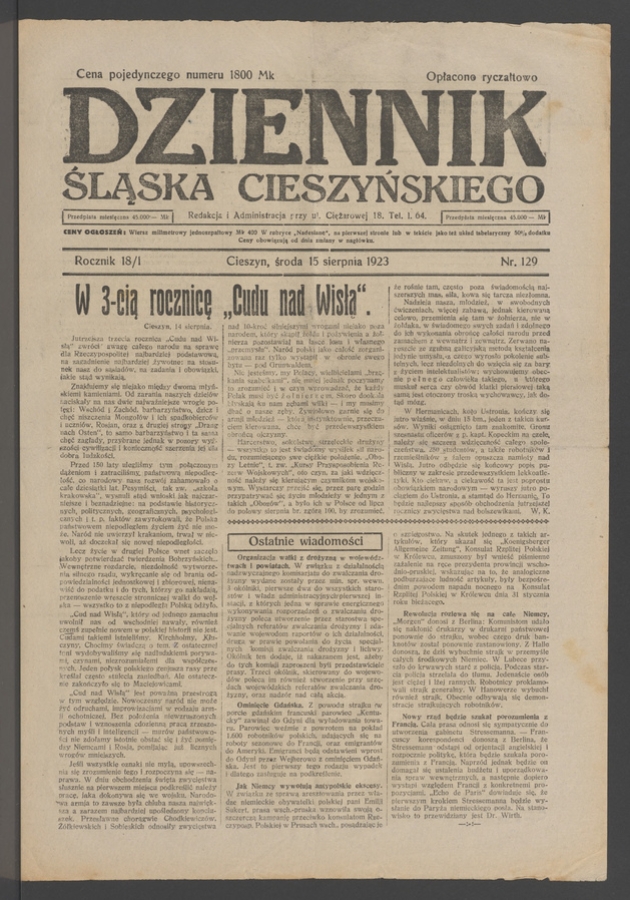 Dziennik Śląska Cieszyńskiego. Rocznik&nbsp;18/1, 1923, numer&nbsp;129