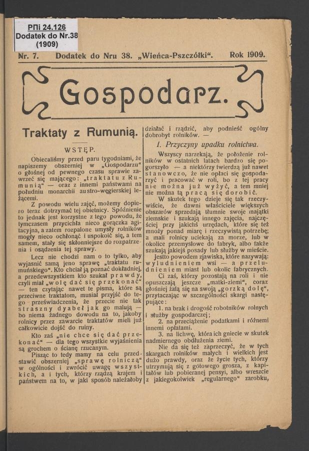 Gospodarz&nbsp;: dodatek do&nbsp;numeru&nbsp;38 &bdquo;Wieńca-Pszcz&oacute;łki&rdquo;. 1909, numer&nbsp;7