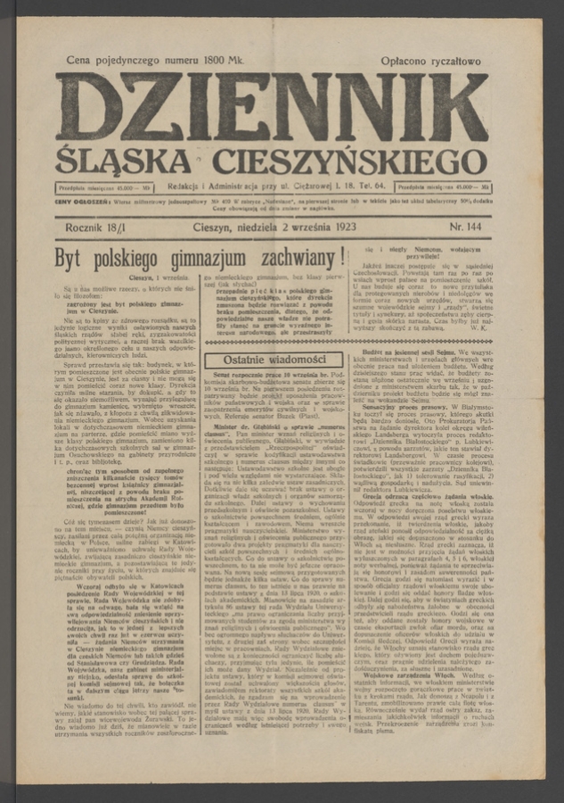 Dziennik Śląska Cieszyńskiego. Rocznik&nbsp;18/1, 1923, numer&nbsp;144