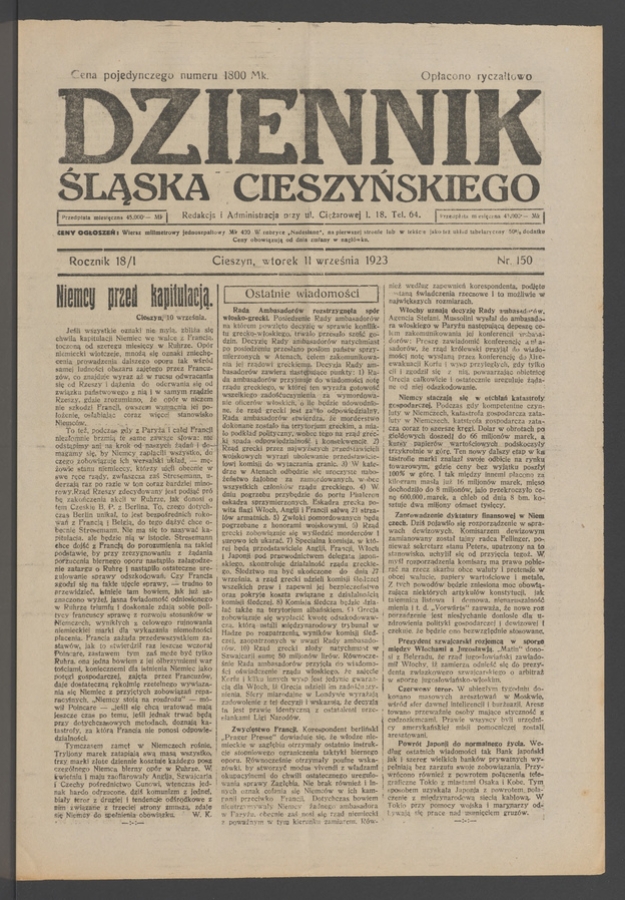 Dziennik Śląska Cieszyńskiego. Rocznik&nbsp;18/1, 1923, numer&nbsp;150