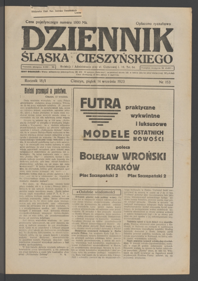 Dziennik Śląska Cieszyńskiego. Rocznik&nbsp;18/1, 1923, numer&nbsp;153