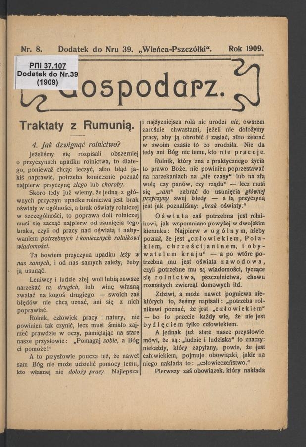 Gospodarz&nbsp;: dodatek do&nbsp;numeru&nbsp;39 &bdquo;Wieńca-Pszcz&oacute;łki&rdquo;. 1909, numer&nbsp;8