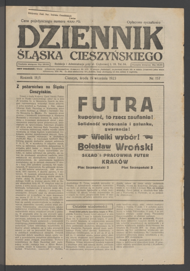 Dziennik Śląska Cieszyńskiego. Rocznik&nbsp;18/1, 1923, numer&nbsp;157