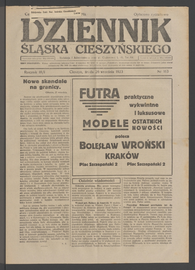 Dziennik Śląska Cieszyńskiego. Rocznik&nbsp;18/1, 1923, numer&nbsp;163