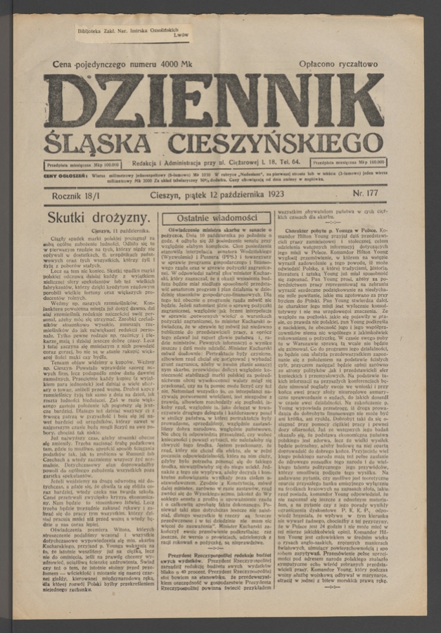 Dziennik Śląska Cieszyńskiego. Rocznik&nbsp;18/1, 1923, numer&nbsp;177