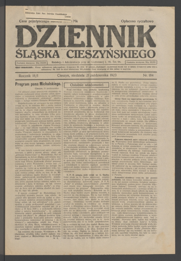 Dziennik Śląska Cieszyńskiego. Rocznik&nbsp;18/1, 1923, numer&nbsp;184