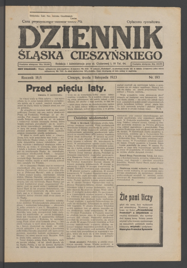 Dziennik Śląska Cieszyńskiego. Rocznik&nbsp;18/1, 1923, numer&nbsp;193