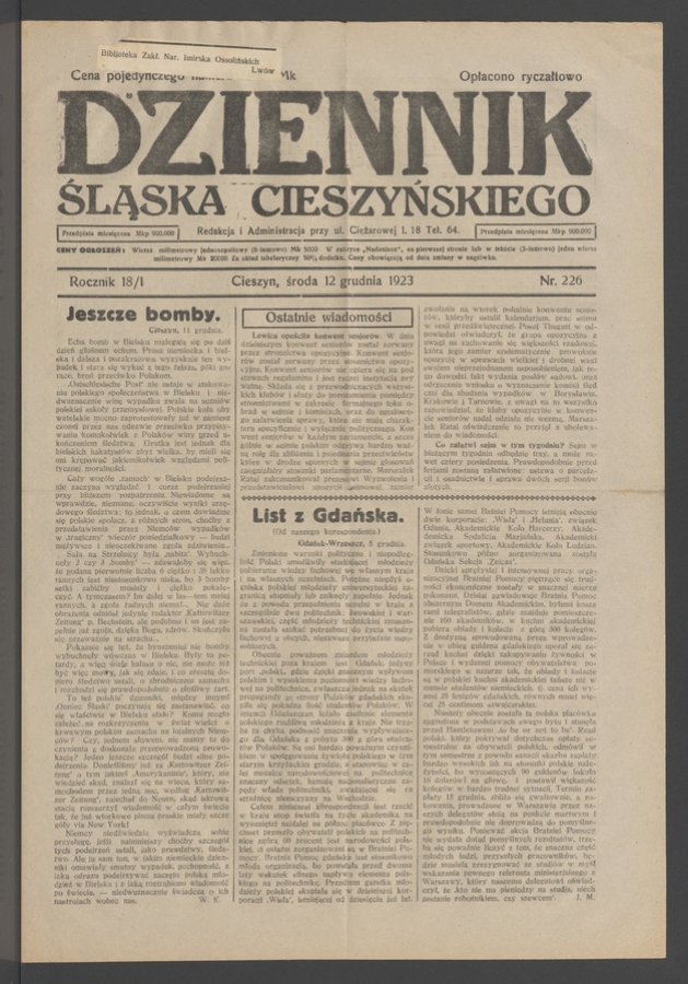 Dziennik Śląska Cieszyńskiego. Rocznik&nbsp;18/1, 1923, numer&nbsp;226