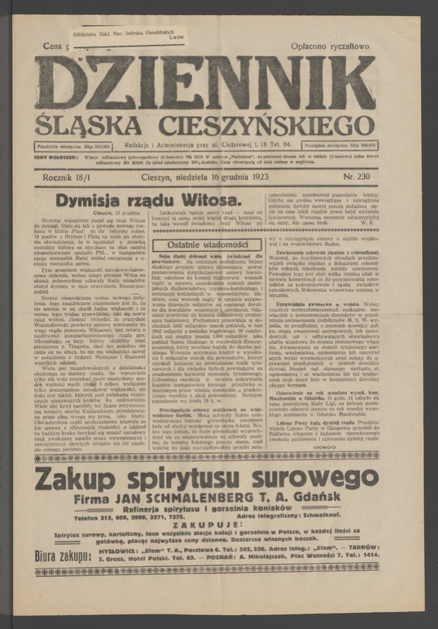 Dziennik Śląska Cieszyńskiego. Rocznik&nbsp;18/1, 1923, numer&nbsp;230
