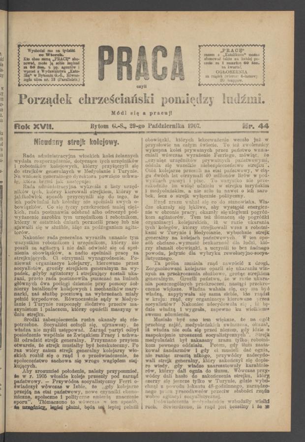 Praca,&nbsp;Czyli Porządek Chrześciański Pomiędzy Ludźmi. Rok&nbsp;17, 1907, numer&nbsp;44