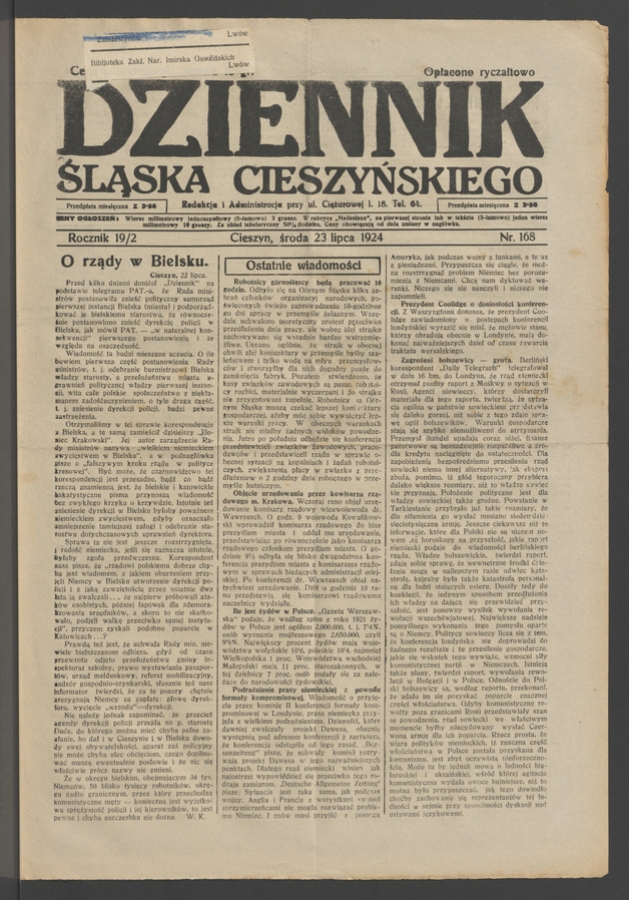 Dziennik Śląska Cieszyńskiego. Rocznik&nbsp;19/2, 1924, numer&nbsp;168