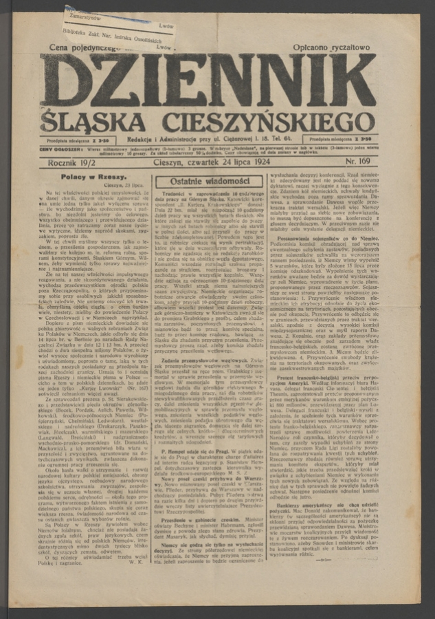 Dziennik Śląska Cieszyńskiego. Rocznik&nbsp;19/2, 1924, numer&nbsp;169