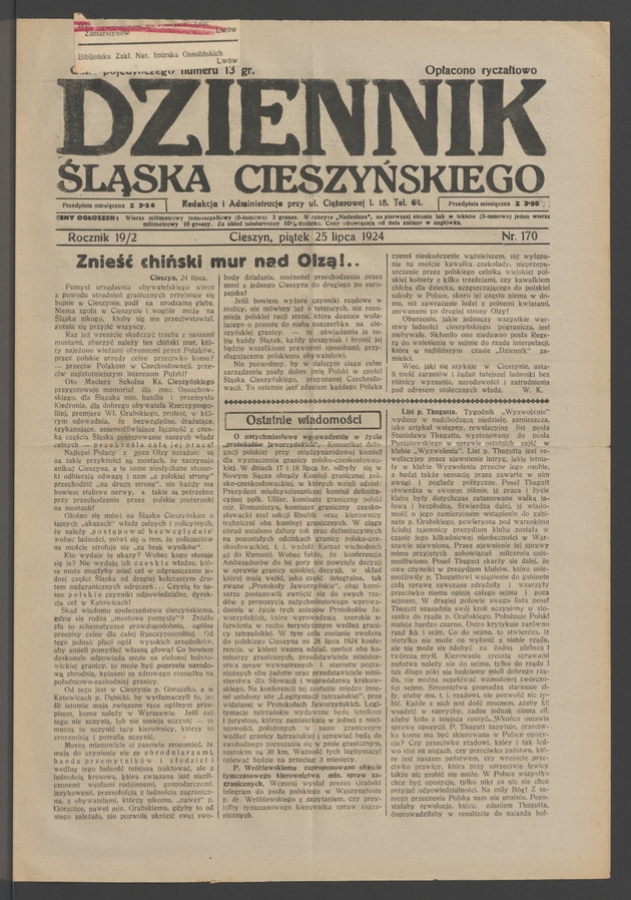 Dziennik Śląska Cieszyńskiego. Rocznik&nbsp;19/2, 1924, numer&nbsp;170