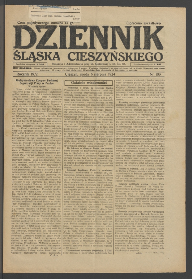 Dziennik Śląska Cieszyńskiego. Rocznik&nbsp;19/2, 1924, numer&nbsp;180