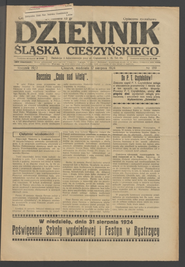 Dziennik Śląska Cieszyńskiego. Rocznik&nbsp;19/2, 1924, numer&nbsp;189