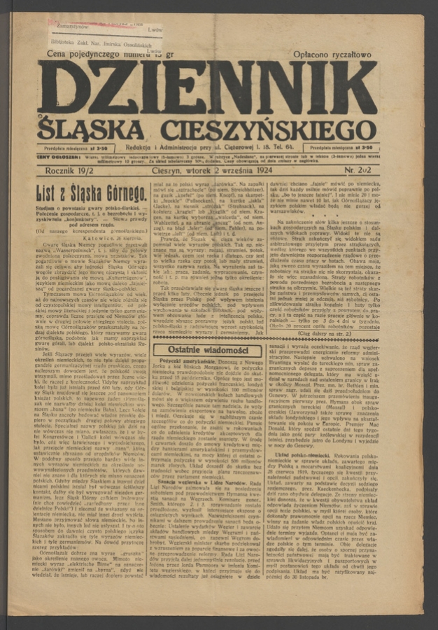 Dziennik Śląska Cieszyńskiego. Rocznik&nbsp;19/2, 1924, numer&nbsp;202